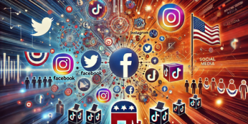 A powerful and visually appealing digital illustration representing the influence of social media on elections. The image features logos of social med copia-2-2