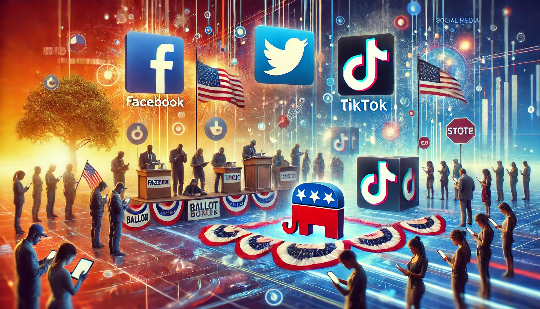 Illustrazione digitale che mostra l'impatto dei social media sulle elezioni politiche. Include loghi di social media come Facebook, Twitter (X), e TikTok, insieme a simboli della democrazia come urne elettorali e banner di campagna, rappresentando l'influenza dei social media durante le elezioni