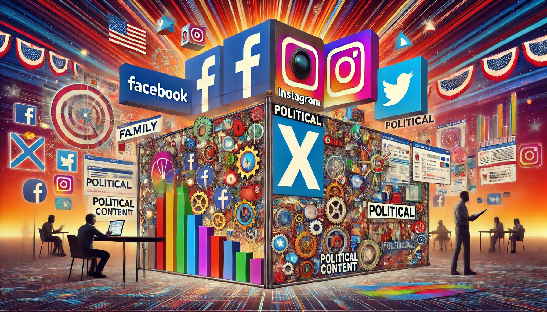 Illustrazione digitale concettuale che rappresenta l'influenza degli algoritmi dei social media sui messaggi politici. Include loghi di Facebook, Instagram, e Twitter (X) con rappresentazioni astratte degli algoritmi, mostrando come i contenuti politici siano filtrati e la priorità sia data ai contenuti personali.